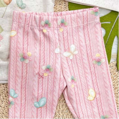 Conj. Casaco de Linha Ursinha com Flor de Crochê e Calça Legging - Areia e Rosa